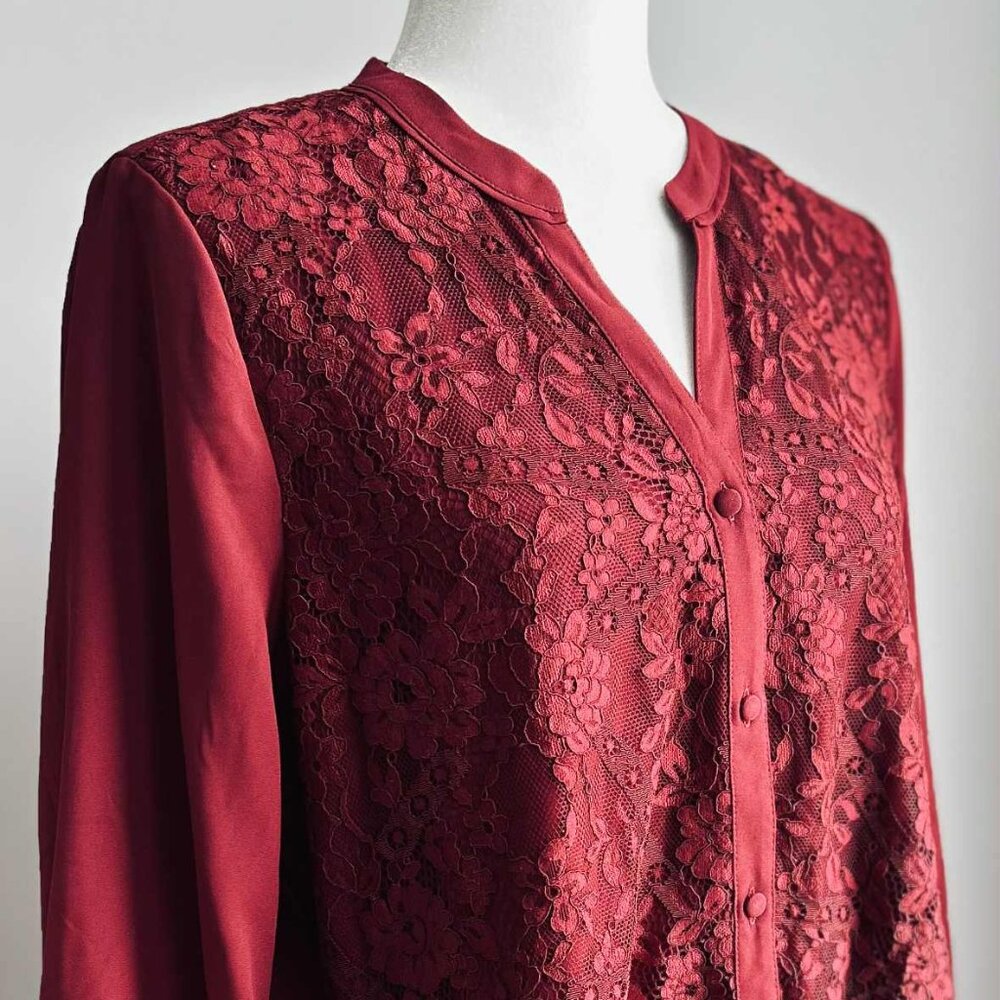 Vintage Karl Lagerfeld Paris Claret Red Lace Panel Blouse with Fringe – US M
